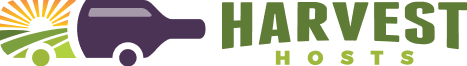 Logo of Harvest Hosts featuring a stylized car, farmland, and a rising sun.